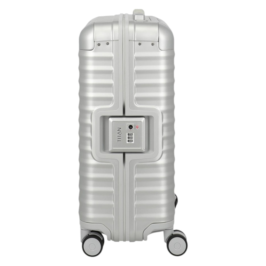 Lieblingstasche silver aluminium suitcase with TSA lock and four spinner wheels, perfect for travel.