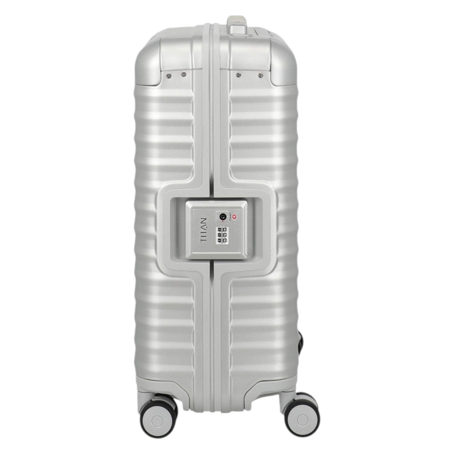 Lieblingstasche silver aluminium suitcase with TSA lock and four spinner wheels, perfect for travel.