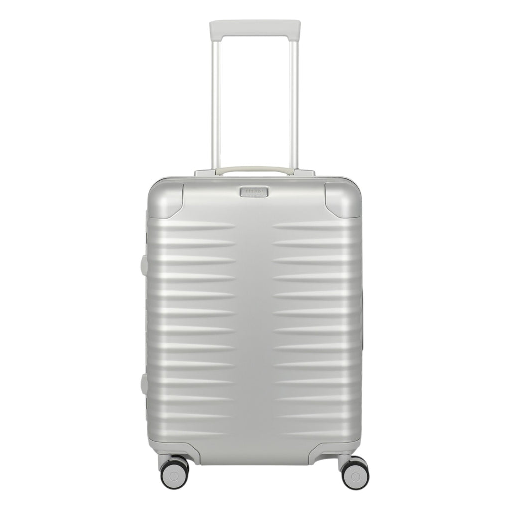 Lieblingstasche silver aluminium trolley suitcase with telescopic handle and spinner wheels, ideal for travel.