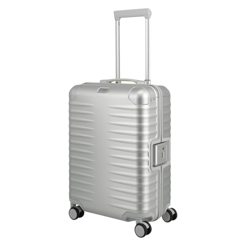 Lieblingstasche silver aluminium trolley suitcase with ribbed texture, TSA lock, leather handles, and spinner wheels. Cabin size.