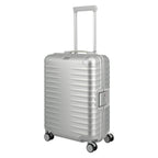 Lieblingstasche silver aluminium trolley suitcase with ribbed texture, TSA lock, leather handles, and spinner wheels. Cabin size.