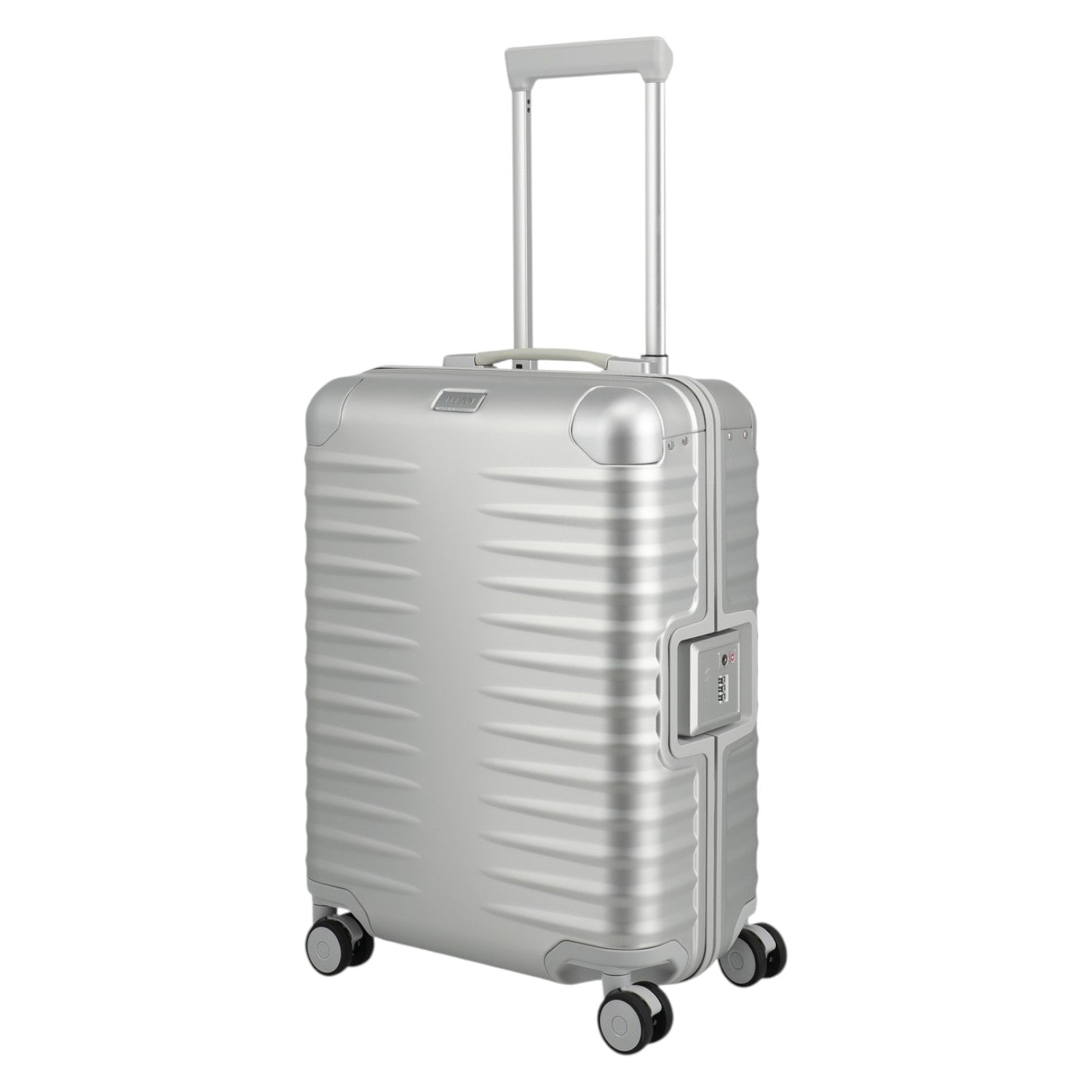 Lieblingstasche silver aluminium trolley suitcase with ribbed texture, TSA lock, leather handles, and spinner wheels. Cabin size.
