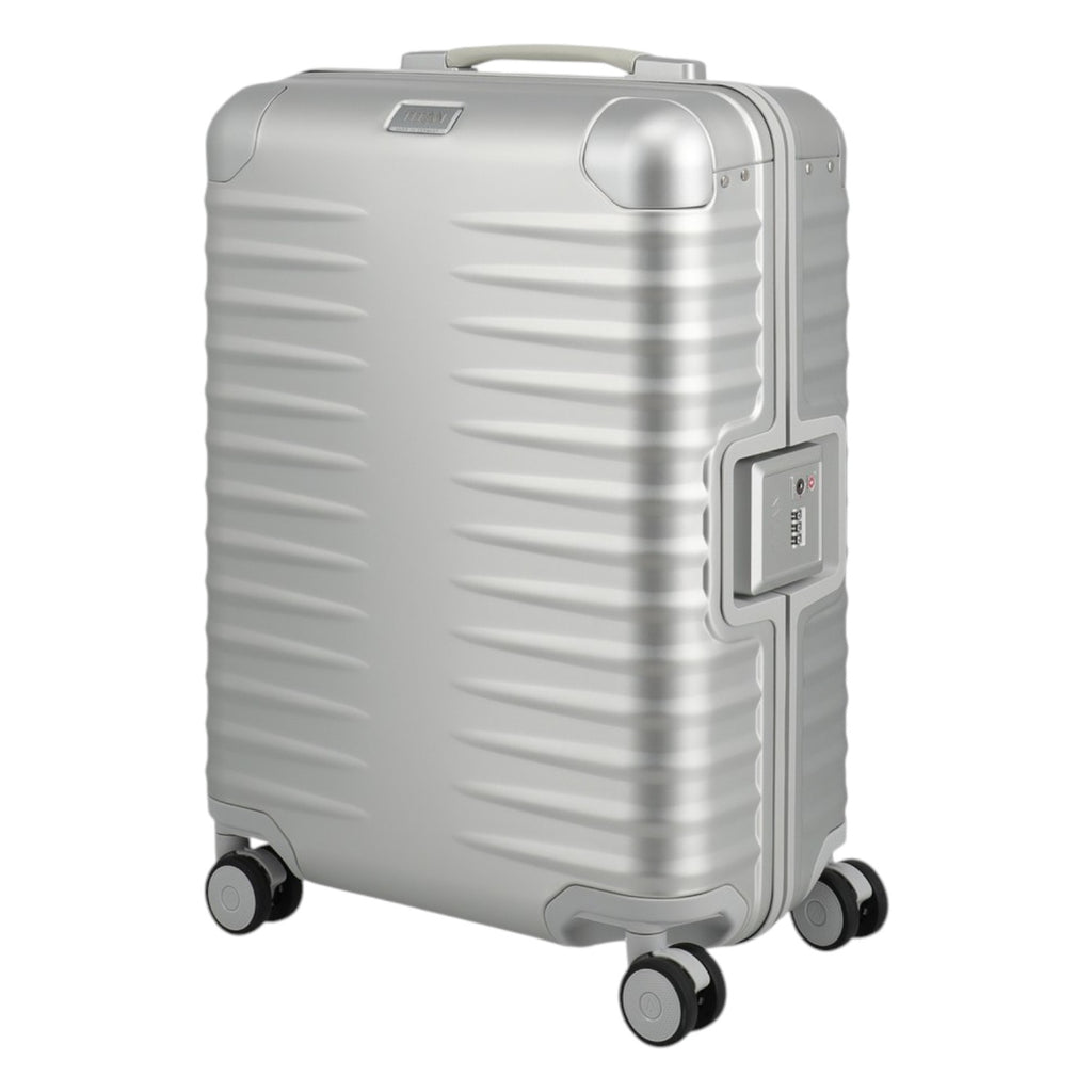 Lieblingstasche silver aluminium trolley suitcase with ribbed texture, TSA lock, leather handles, and spinner wheels. Cabin size.