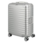 Lieblingstasche silver aluminium trolley suitcase with ribbed texture, TSA lock, leather handles, and spinner wheels. Cabin size.