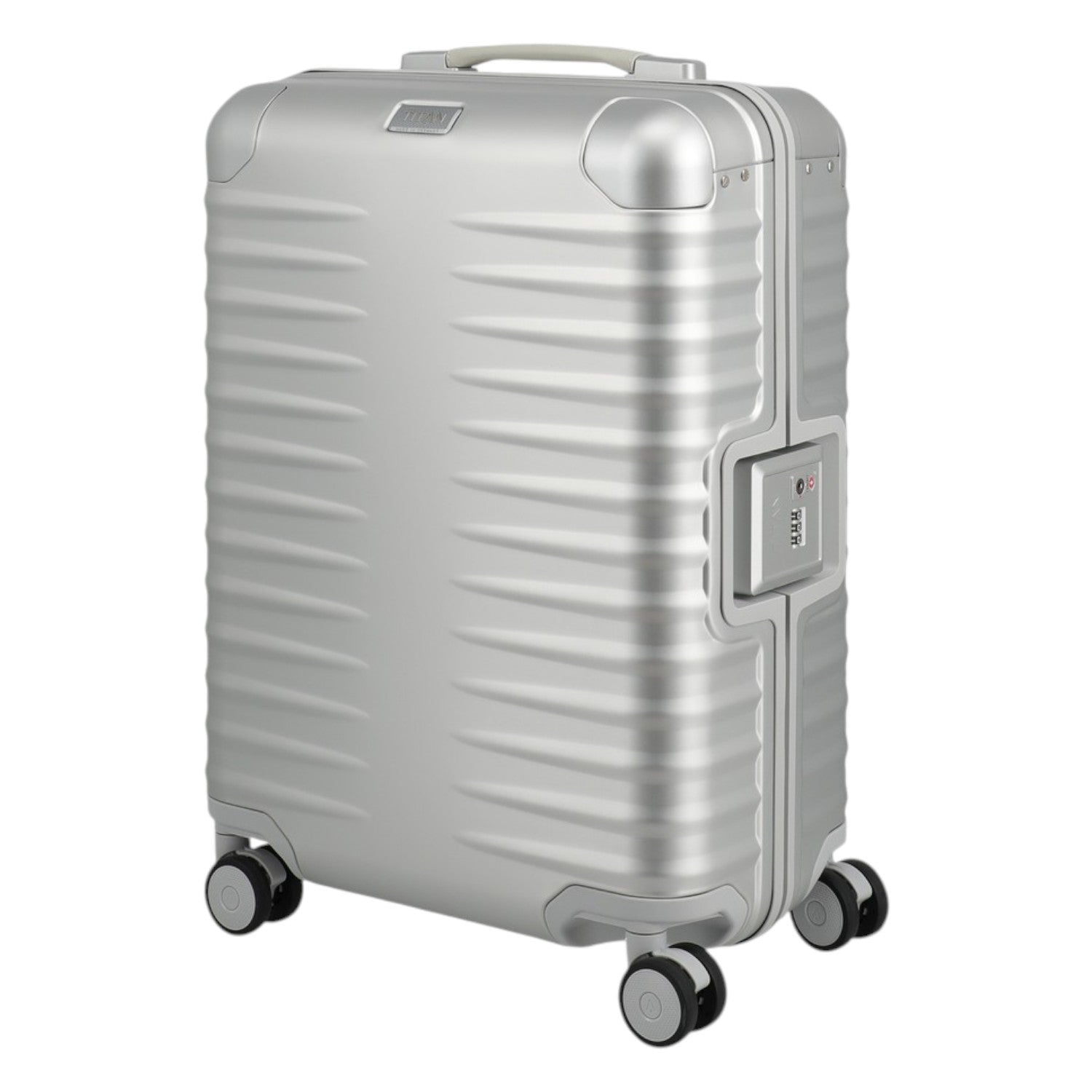 Lieblingstasche silver aluminium trolley suitcase with ribbed texture, TSA lock, leather handles, and spinner wheels. Cabin size.