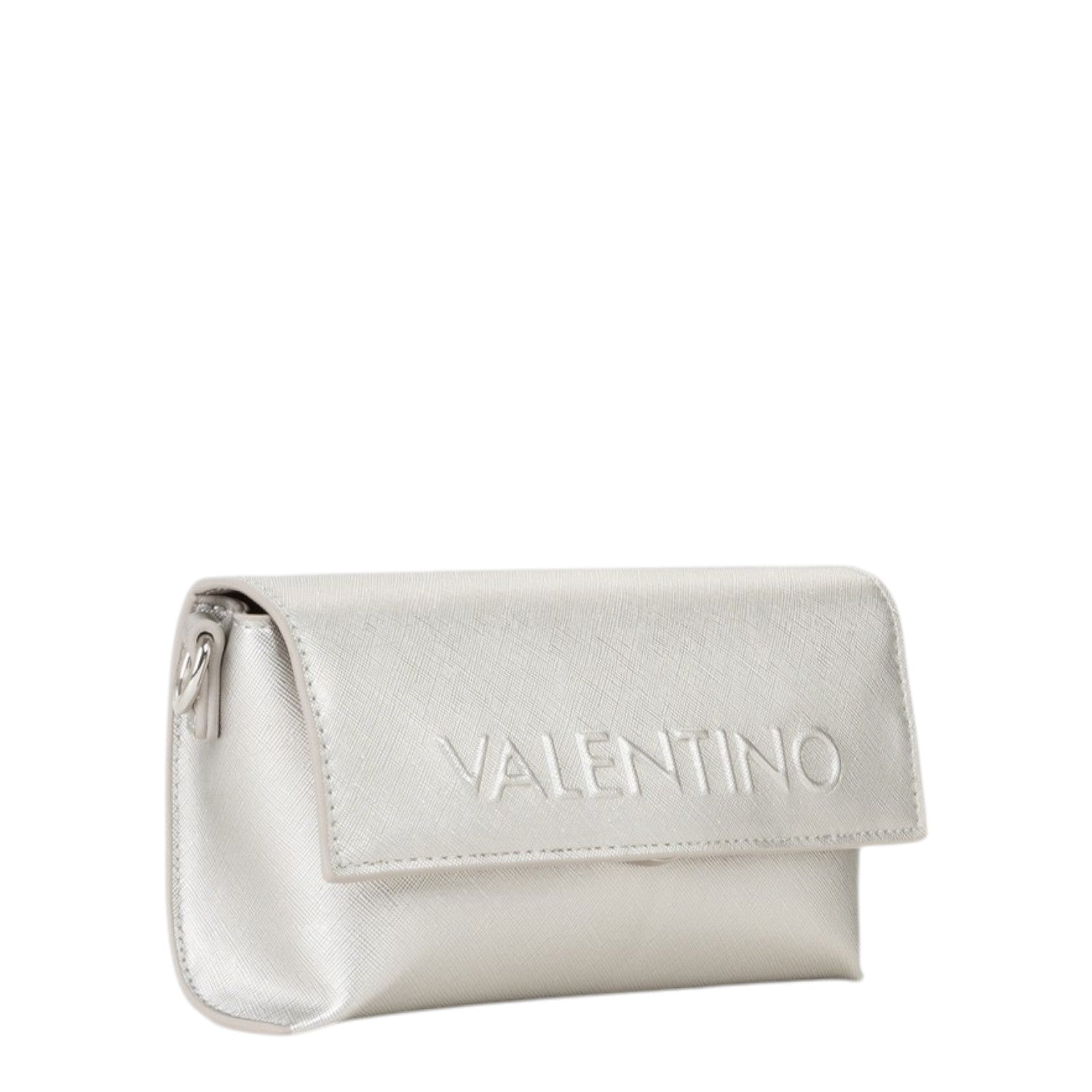 Lieblingstasche Pochette Pandia Re, a small silver clutch bag with embossed Valentino logo.