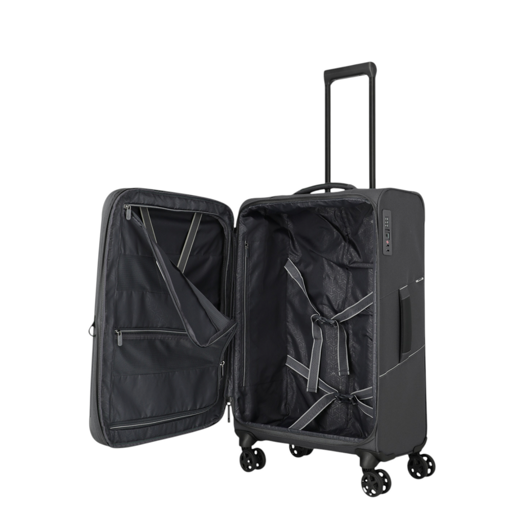 Lieblingstasche Skaii medium expandable 4-wheel trolley suitcase in black with open interior and packing straps