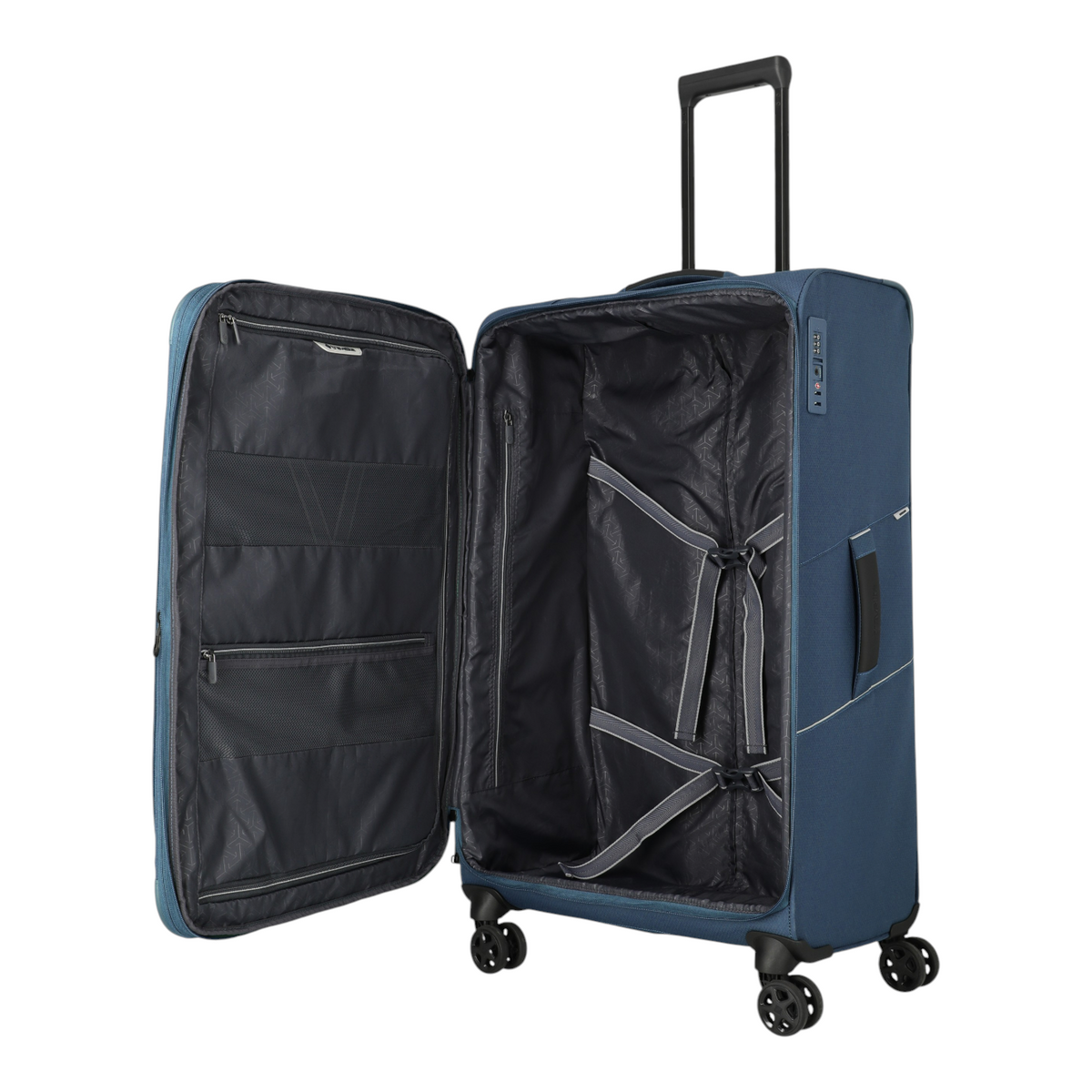 Lieblingstasche Skaii Trolley 4W L exp in blue, an expandable suitcase with four wheels and open interior compartments.