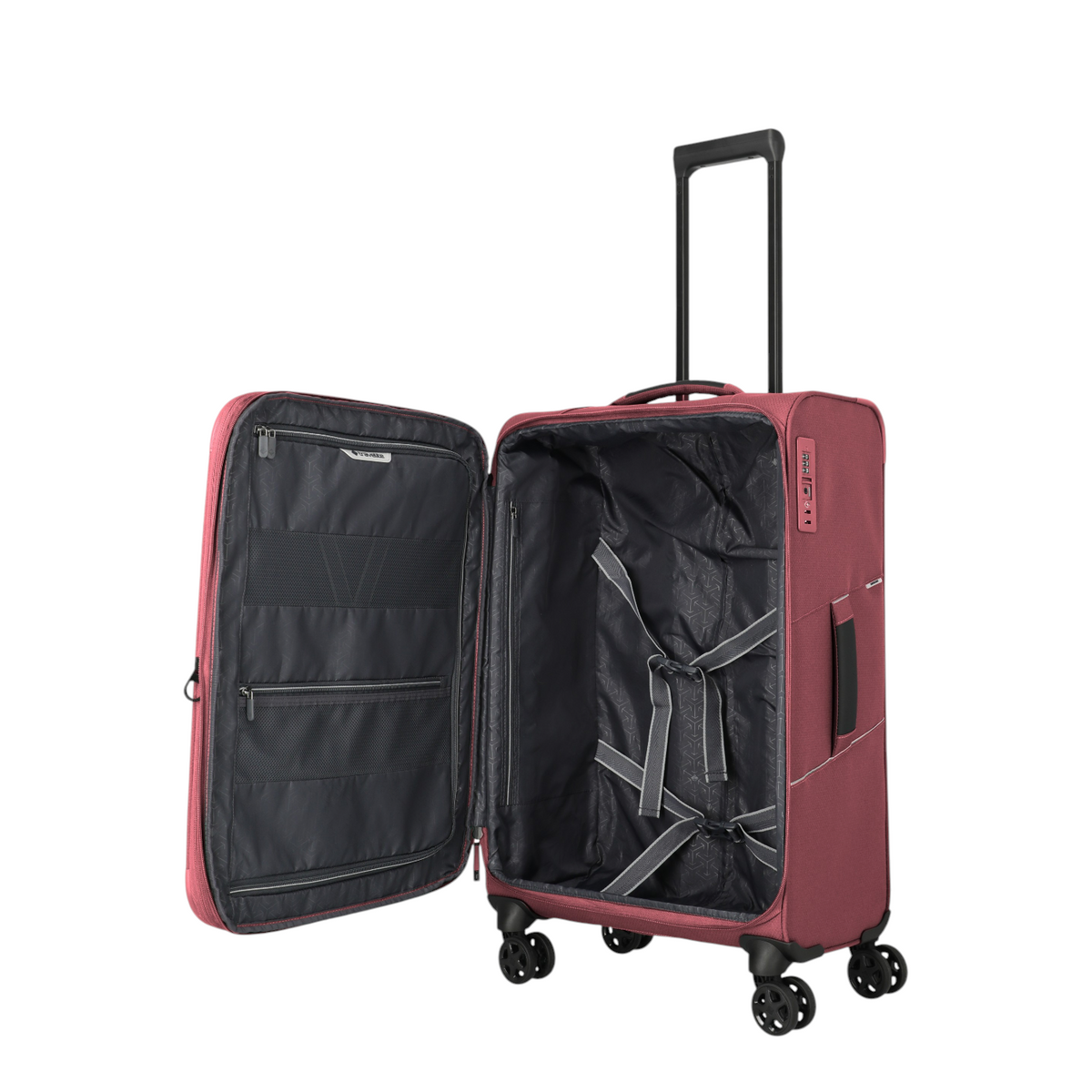 Lieblingstasche Skaii 4-wheel expandable medium trolley suitcase in dark red with open interior and packing straps