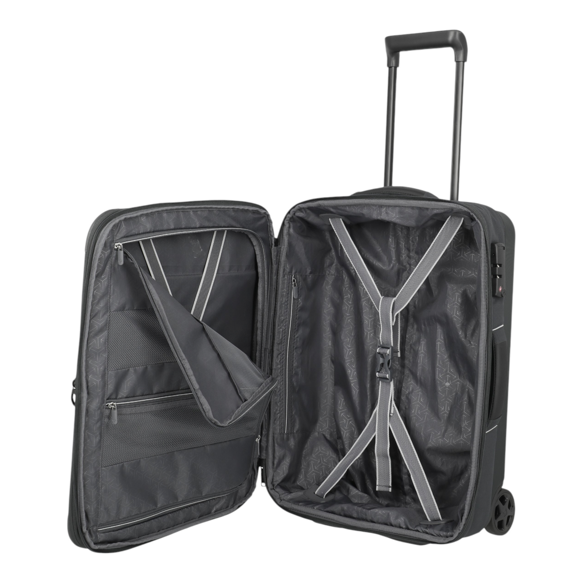 Lieblingstasche Skaii Trolley 2W Hybrid S open with interior compartments, grey lining, and packing straps