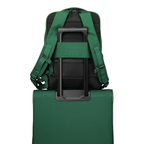 Lieblingstasche Skaii Rucksack M in green attached to a matching suitcase handle with padded back and straps