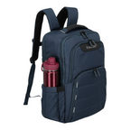 Lieblingstasche Skaii Rucksack M in navy blue with a side pocket holding a maroon water bottle