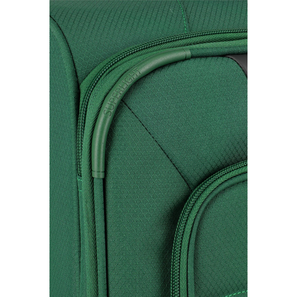 Close-up of a green Lieblingstasche Skaii Trolley 4W S suitcase featuring durable fabric and a Superlight handle.