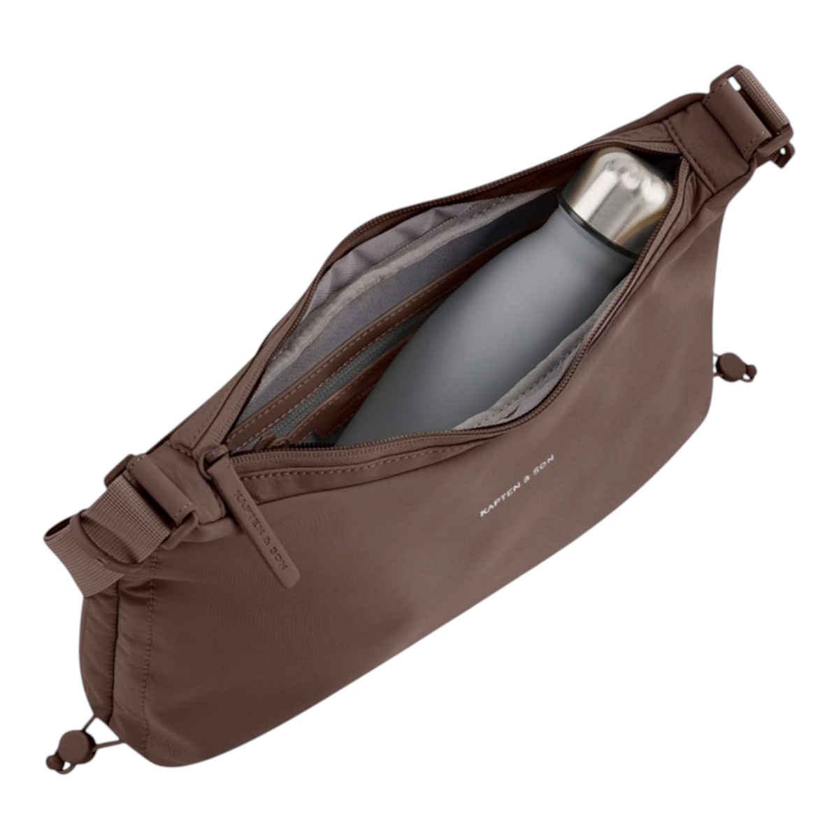 Lieblingstasche Skara Small brown crossbody bag with a grey water bottle inside, shown from an open top view.