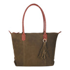Lieblingstasche Sofia L olive green suede tote bag with red textured leather handles and tassel detail.