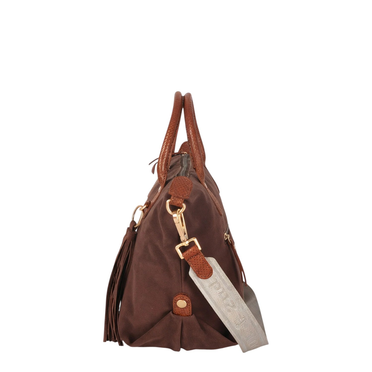 Lieblingstasche Sofia M brown suede handbag with braided leather handles and tassel detail.