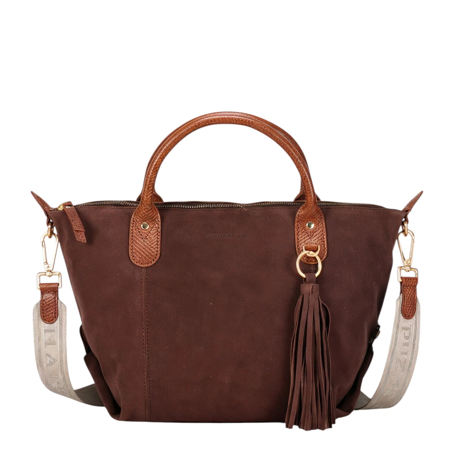 Lieblingstasche Sofia M dark brown suede tote bag with leather handles and tassel detail.