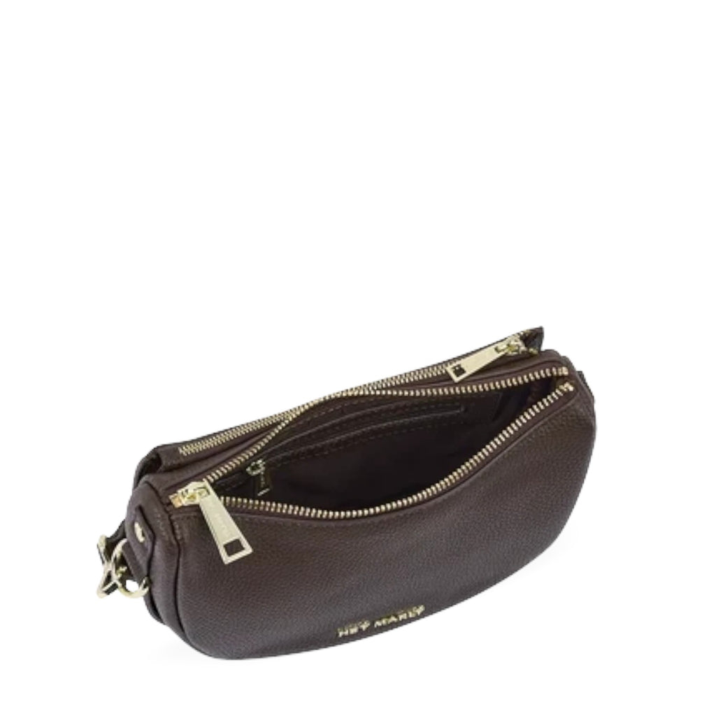 Lieblingstasche Sporty Sister dark brown pebbled leather crossbody bag with gold zippers and open interior