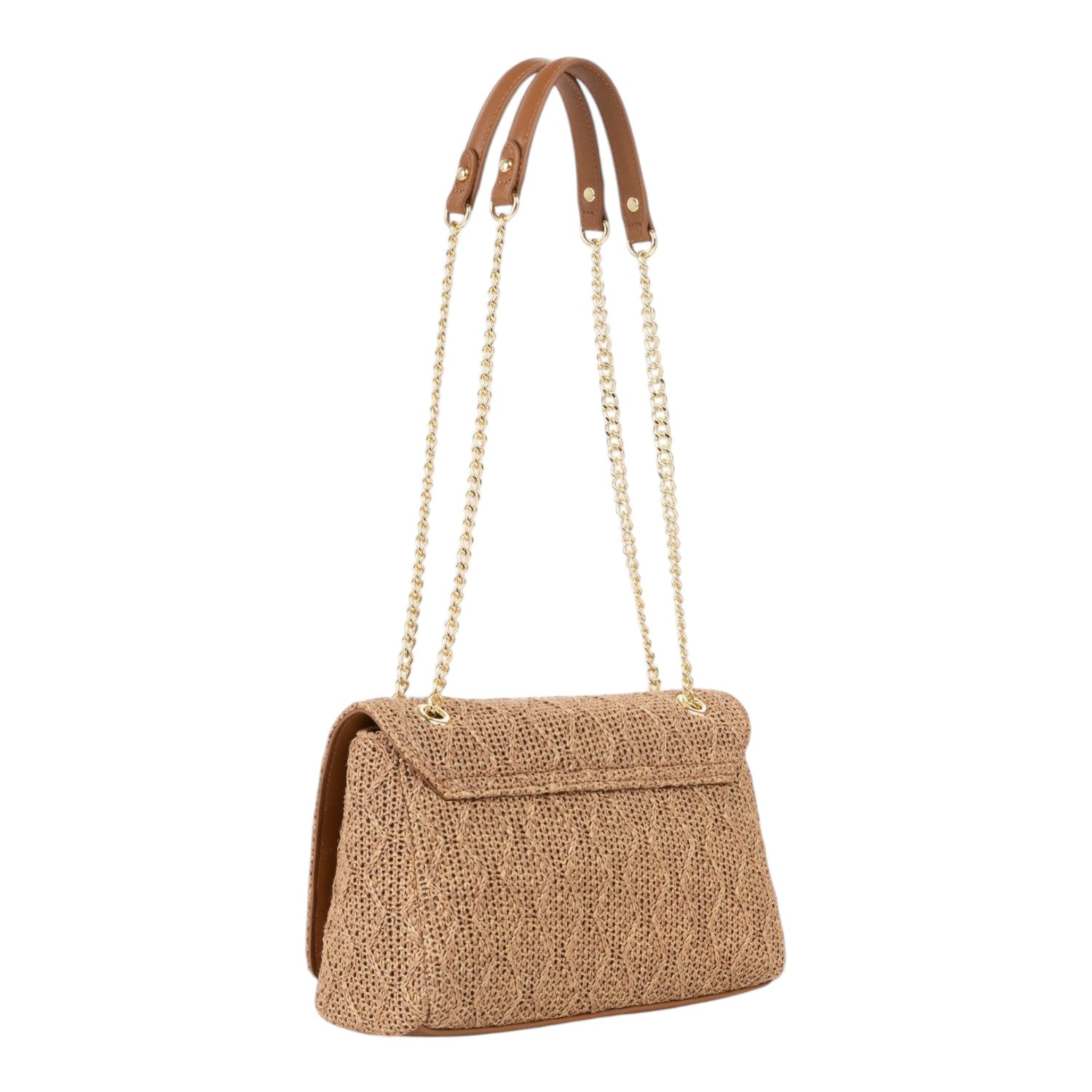 Lieblingstasche Ocarina flap bag in woven straw with brown leather handles and gold chain strap.