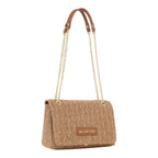 Lieblingstasche Ocarina flap bag in woven straw with leather trim and gold chain strap.