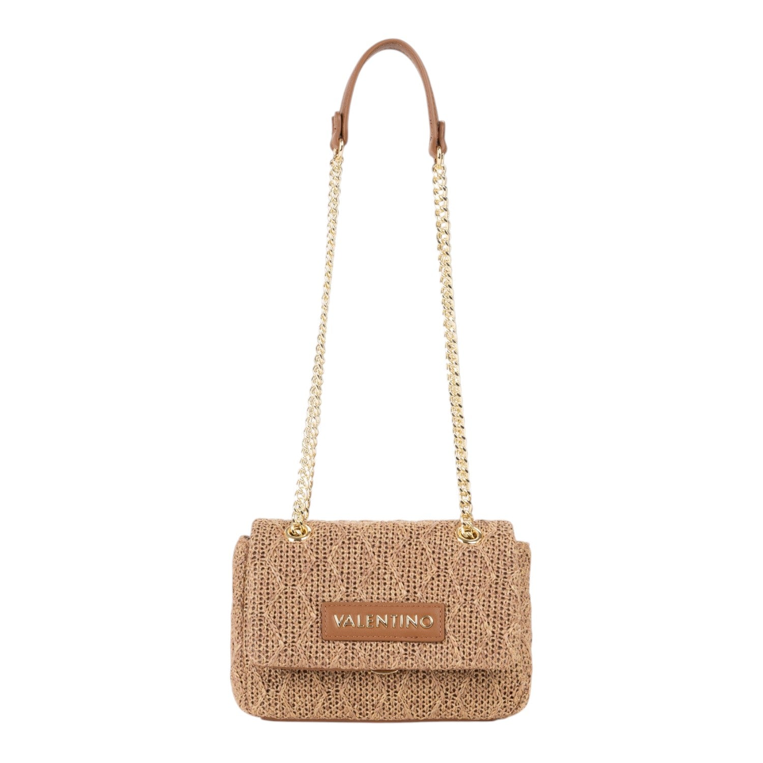Lieblingstasche Ocarina Summer flap bag in woven straw with gold chain strap and leather trim.