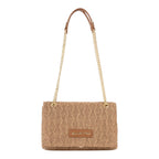 Lieblingstasche Flap Bag Ocarina Summer in woven straw with gold chain strap and leather trim.