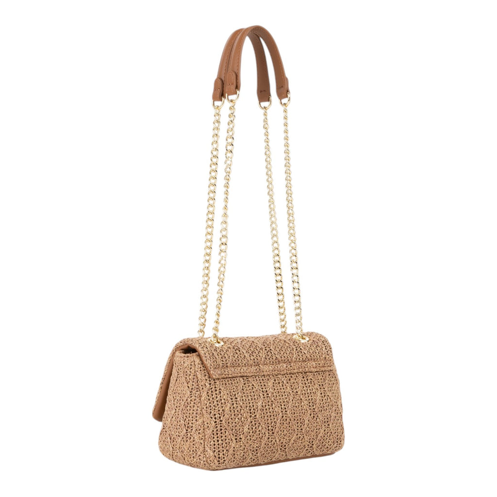 Lieblingstasche Ocarina summer flap bag in woven straw with tan leather accents and gold chain strap.