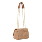 Lieblingstasche Ocarina summer flap bag in woven straw with tan leather accents and gold chain strap.