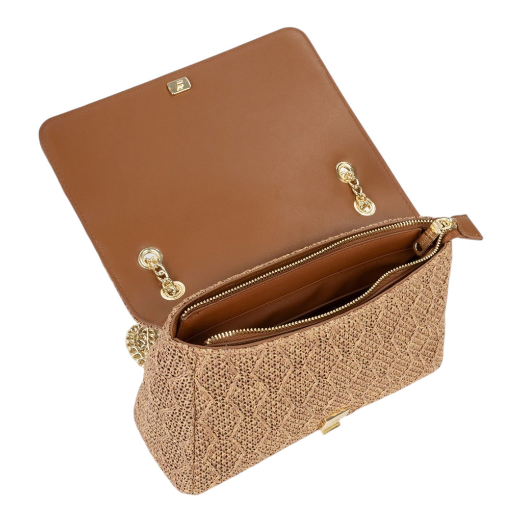 Lieblingstasche Ocarina flap bag in woven straw with brown leather trim and gold chain strap.