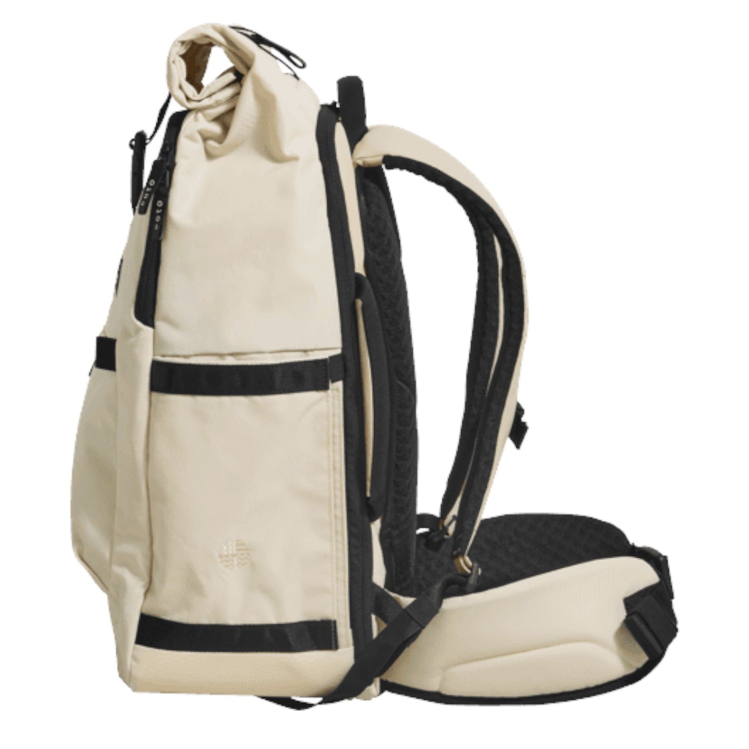 Lieblingstasche Tall41 beige rolltop travel backpack with padded straps and side view