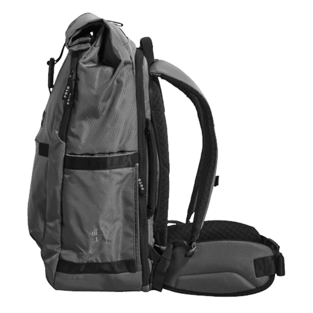Lieblingstasche Tall41 grey rolltop travel backpack with side view showing padded straps and hip belt