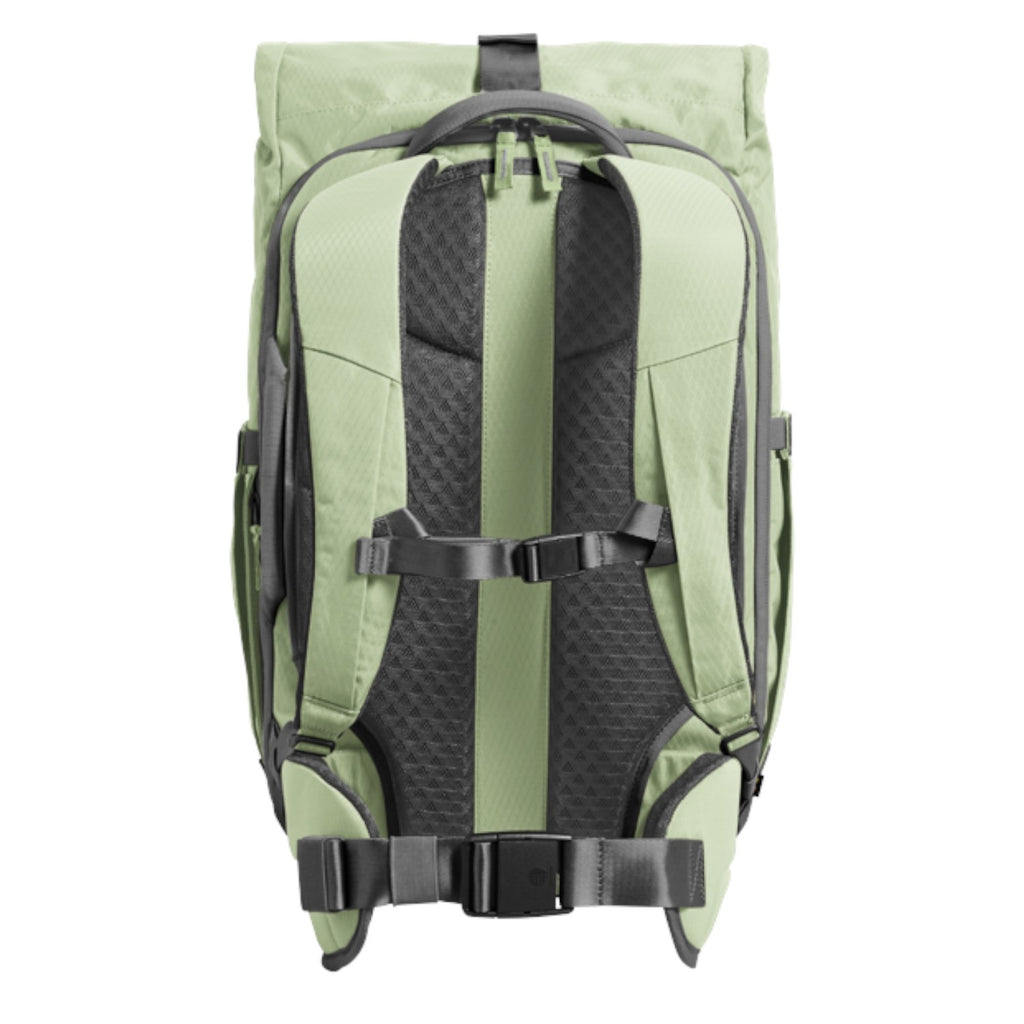 Lieblingstasche Tall41 sage green rolltop travel backpack with padded back panel, shoulder straps, and hip belt.