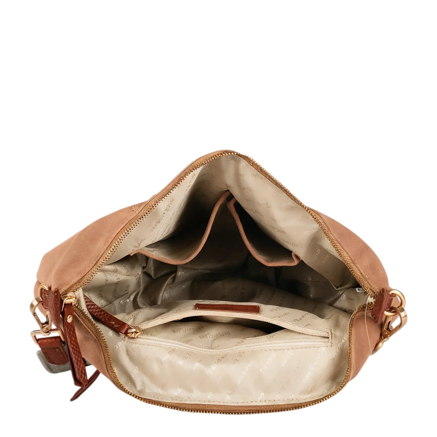 Lieblingstasche Sofia M tan suede hobo bag, open to show interior pockets and lining.