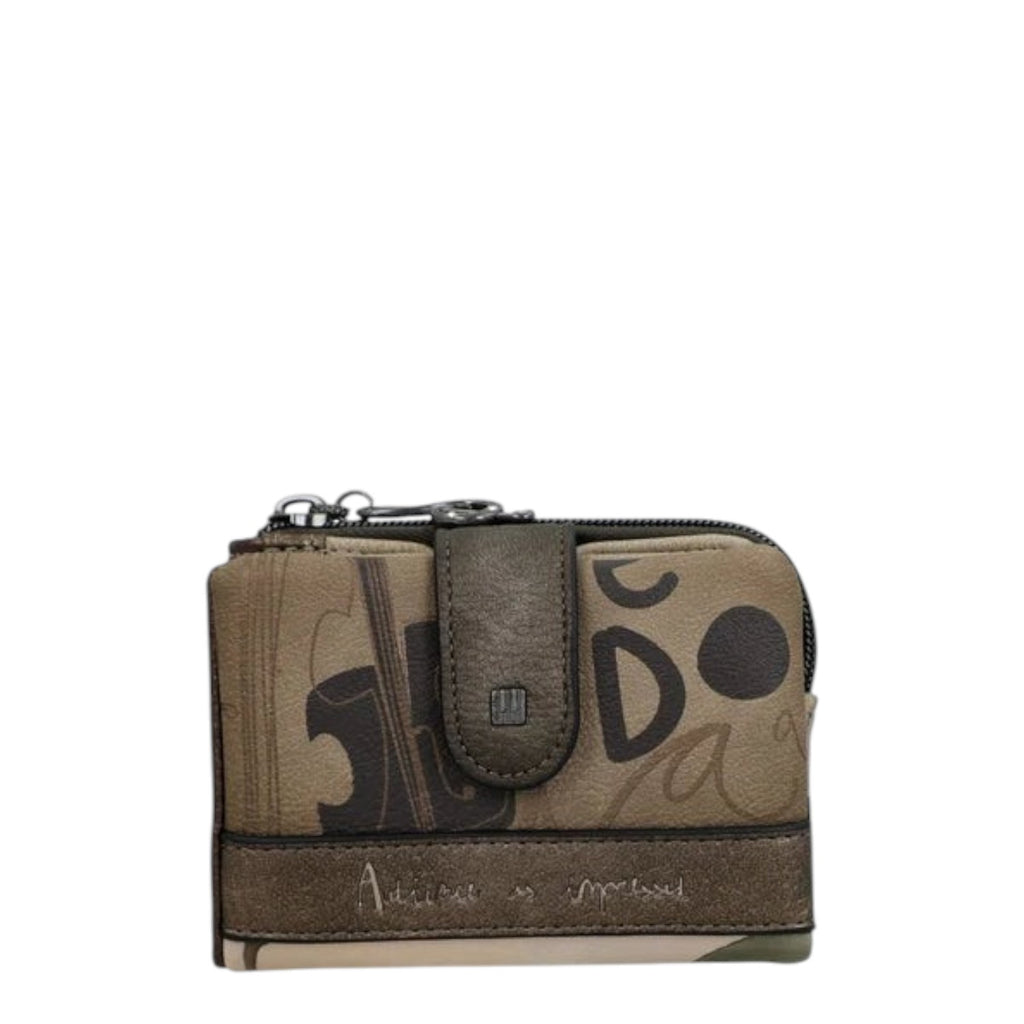 Lieblingstasche wallet in taupe and brown with artistic black typography and a secure snap button closure