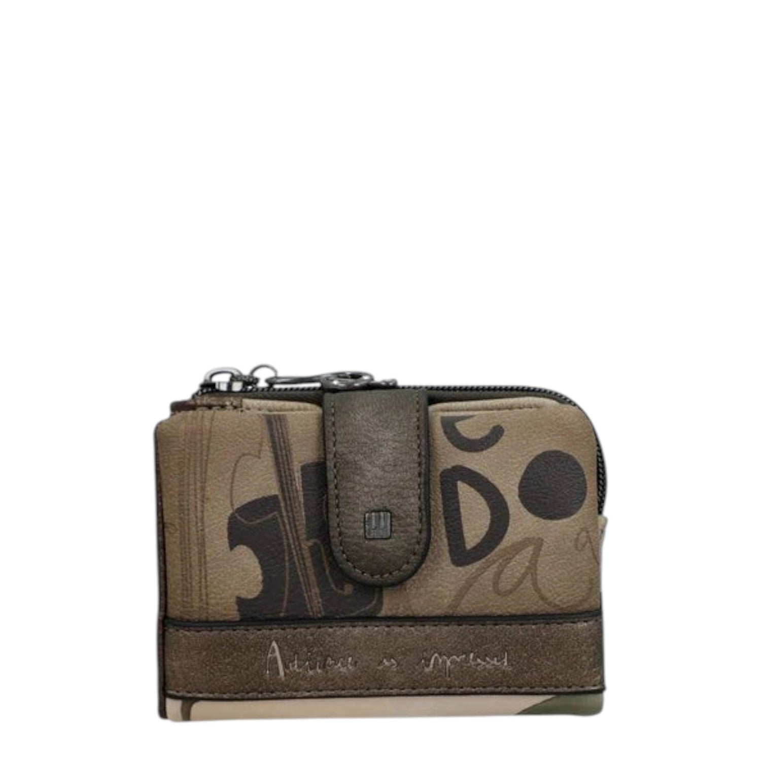 Lieblingstasche wallet in taupe and brown with artistic black typography and a secure snap button closure