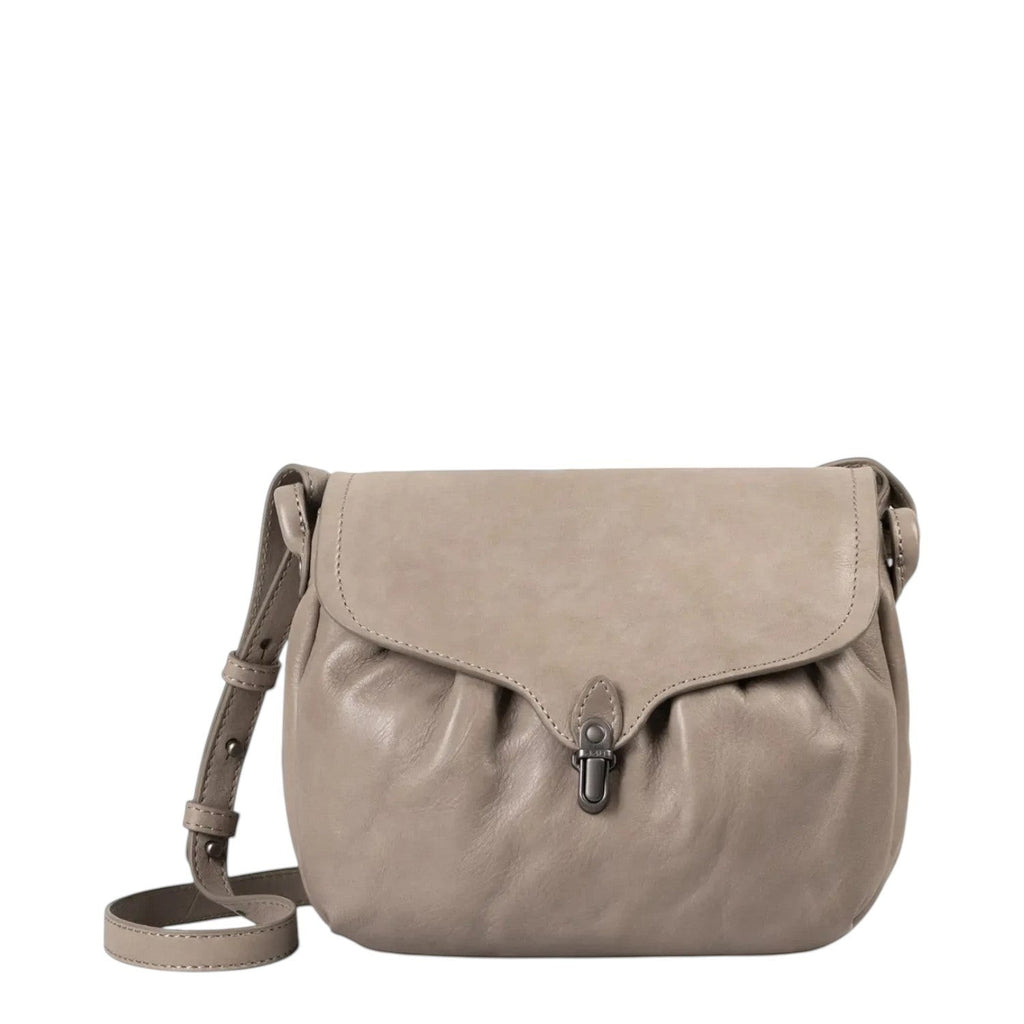 Lieblingstasche Mrs. Coconut Cake taupe leather crossbody bag with a flap closure and adjustable shoulder strap.
