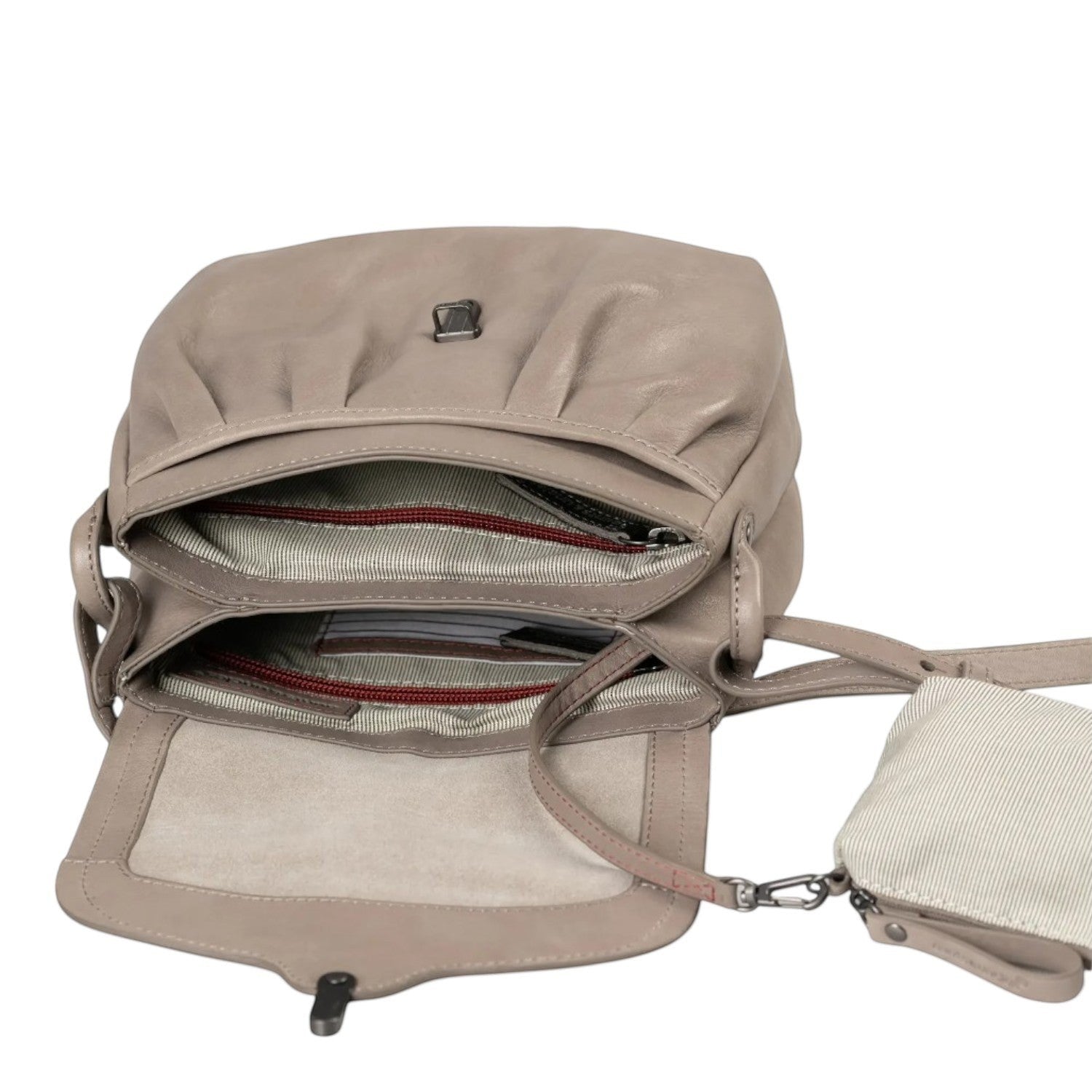 Lieblingstasche Mrs. Coconut Cake taupe leather crossbody bag with open interior and detachable pouch