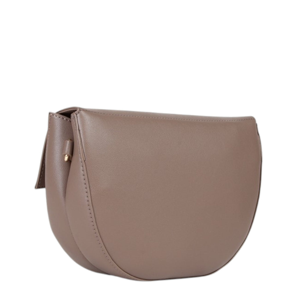 Lieblingstasche taupe leather flap bag with a curved silhouette and gold-tone hardware.