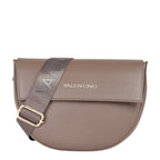 Lieblingstasche taupe leather flap bag with adjustable logo strap and gold buckle.