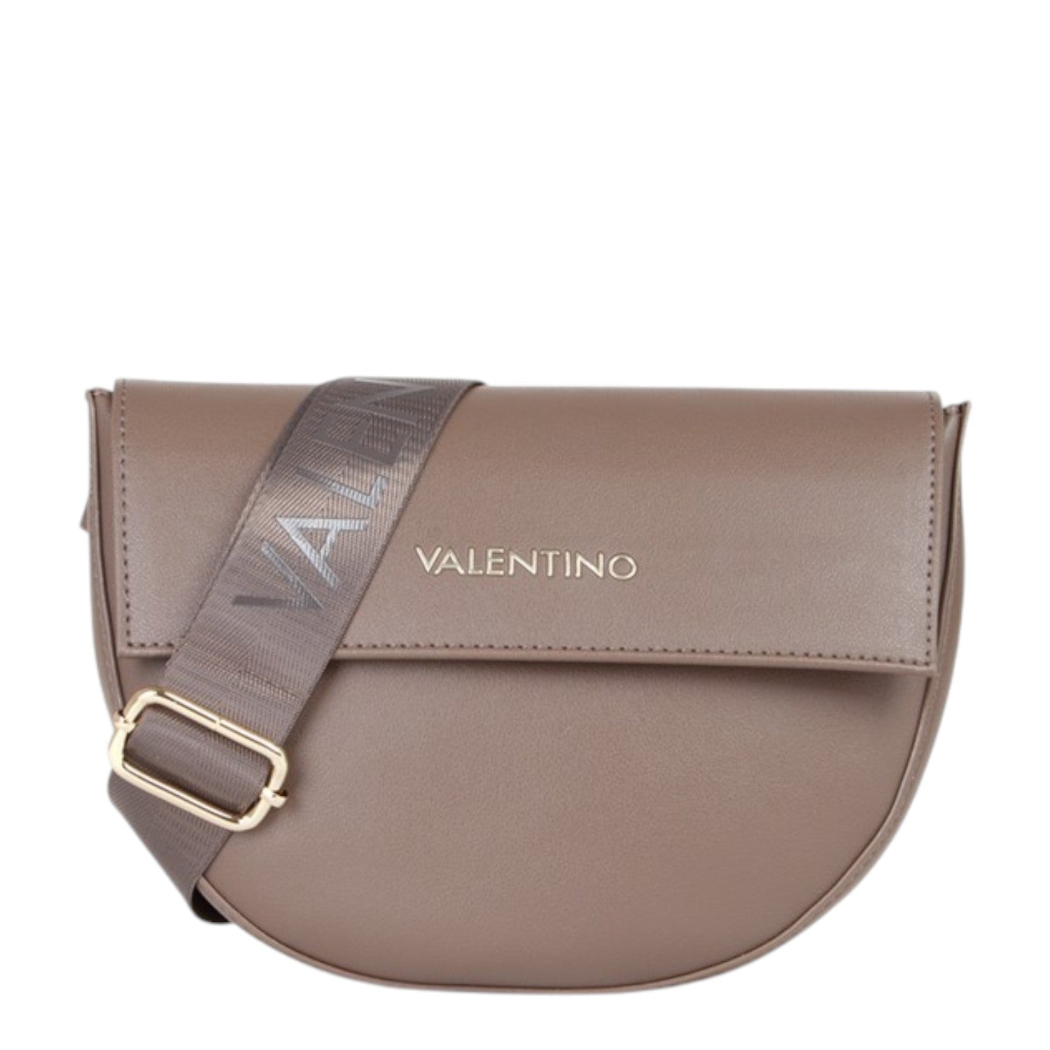 Lieblingstasche taupe leather flap bag with adjustable logo strap and gold buckle.