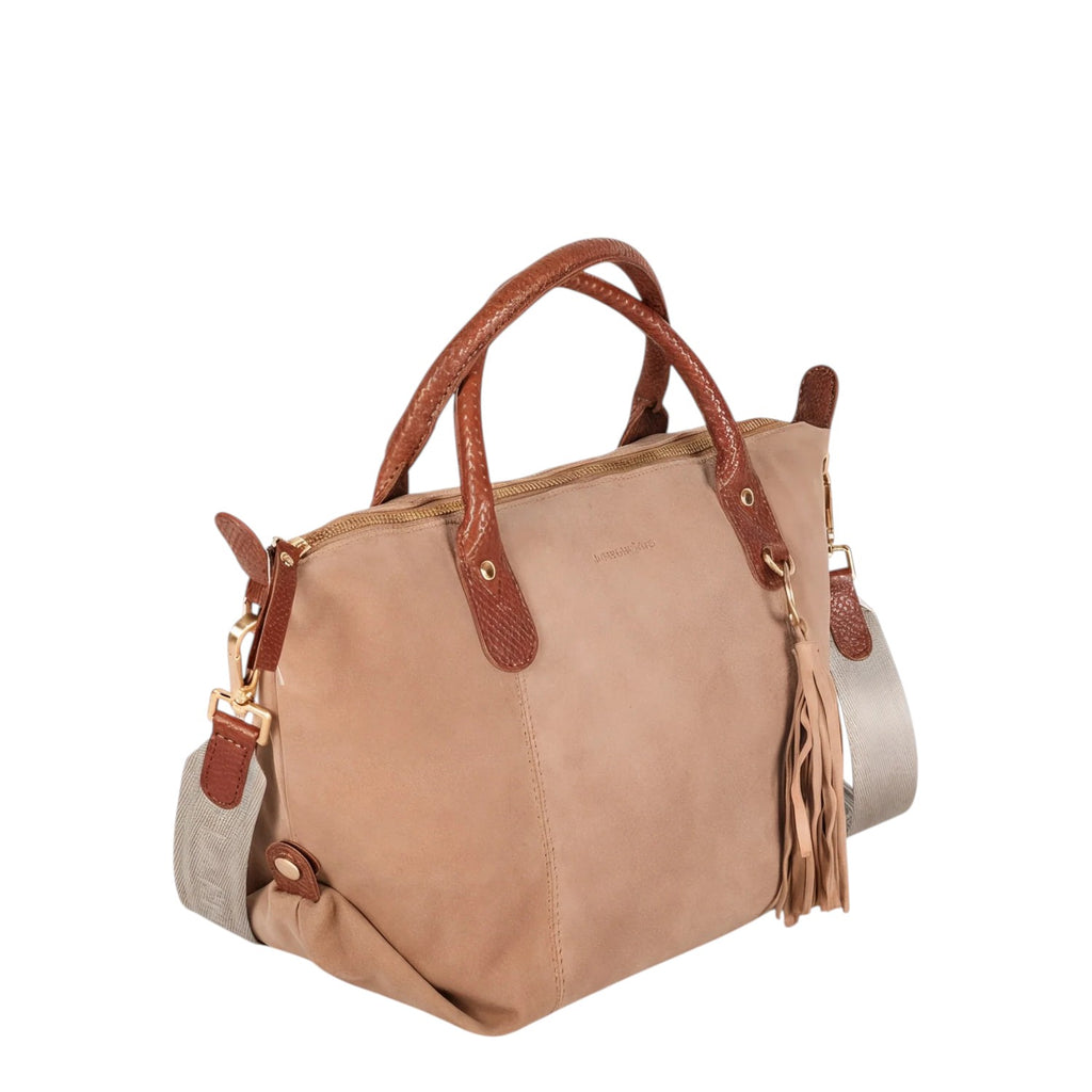 Lieblingstasche Sofia M taupe suede handbag with braided leather handles and tassel detail.