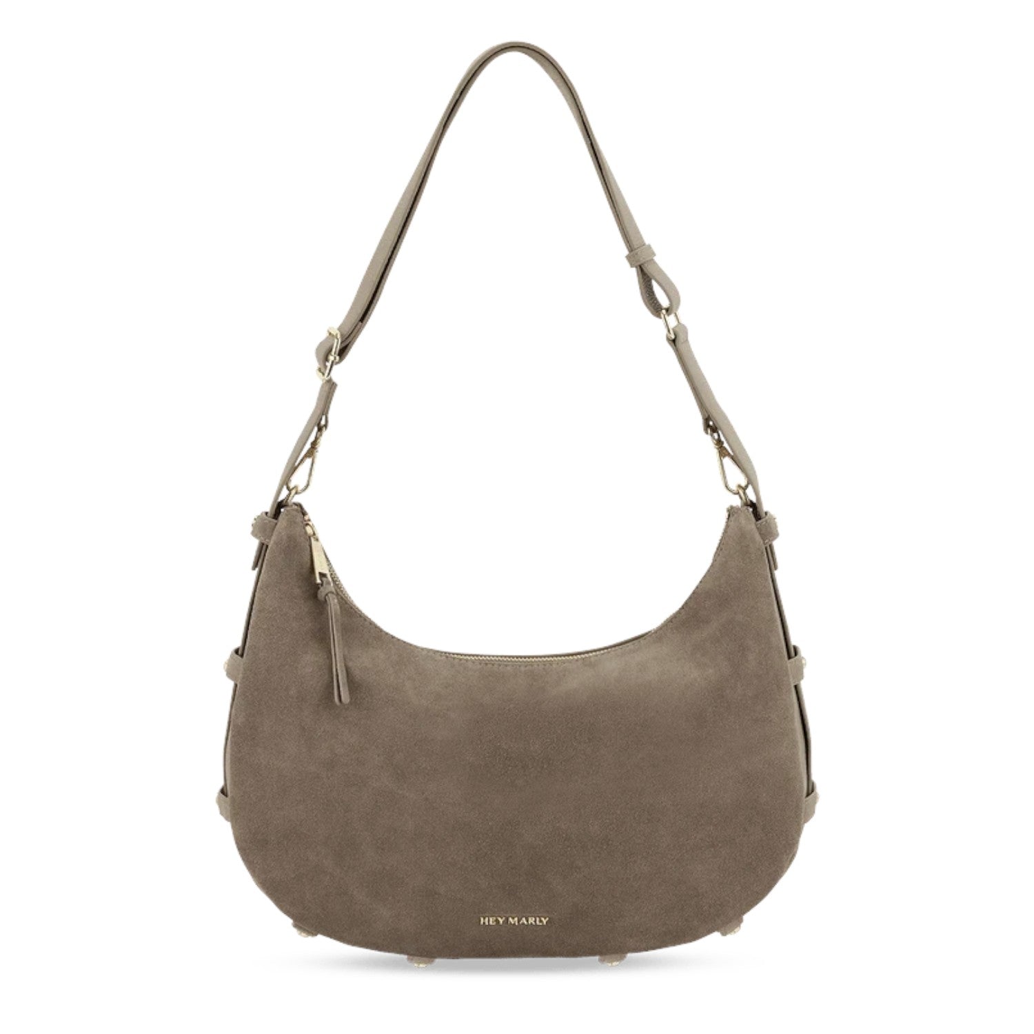 Lieblingstasche Lifetime Sister suede hobo bag in taupe with an adjustable shoulder strap and gold hardware