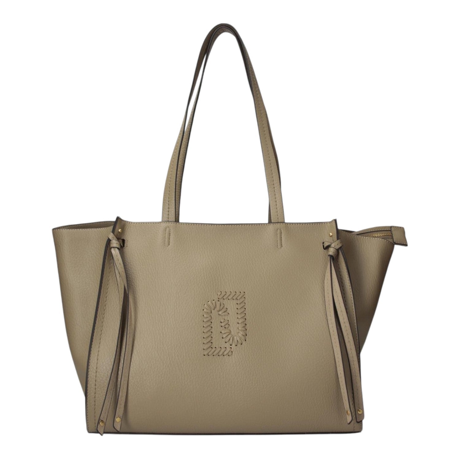 Lieblingstasche Tote L in taupe with side tie details and a decorative stitched logo on the front
