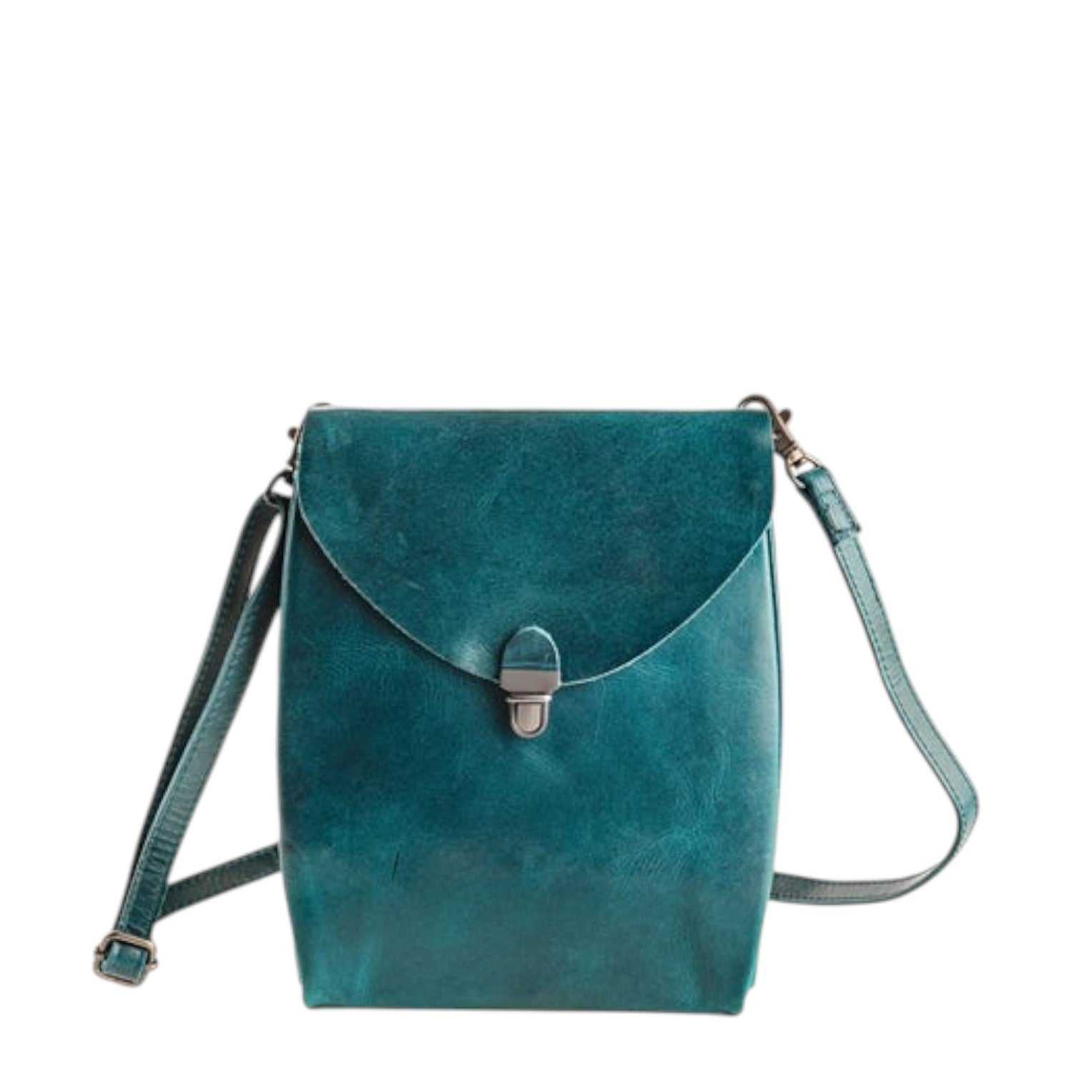 Lieblingstasche teal leather fold over flap crossbody bag with metal clasp