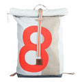 Lieblingstasche Tide roll-top backpack in white and beige sailcloth with a large red number eight graphic.