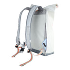 Lieblingstasche Tide roll-top backpack in white and grey with padded straps and a side pocket holding a smartphone