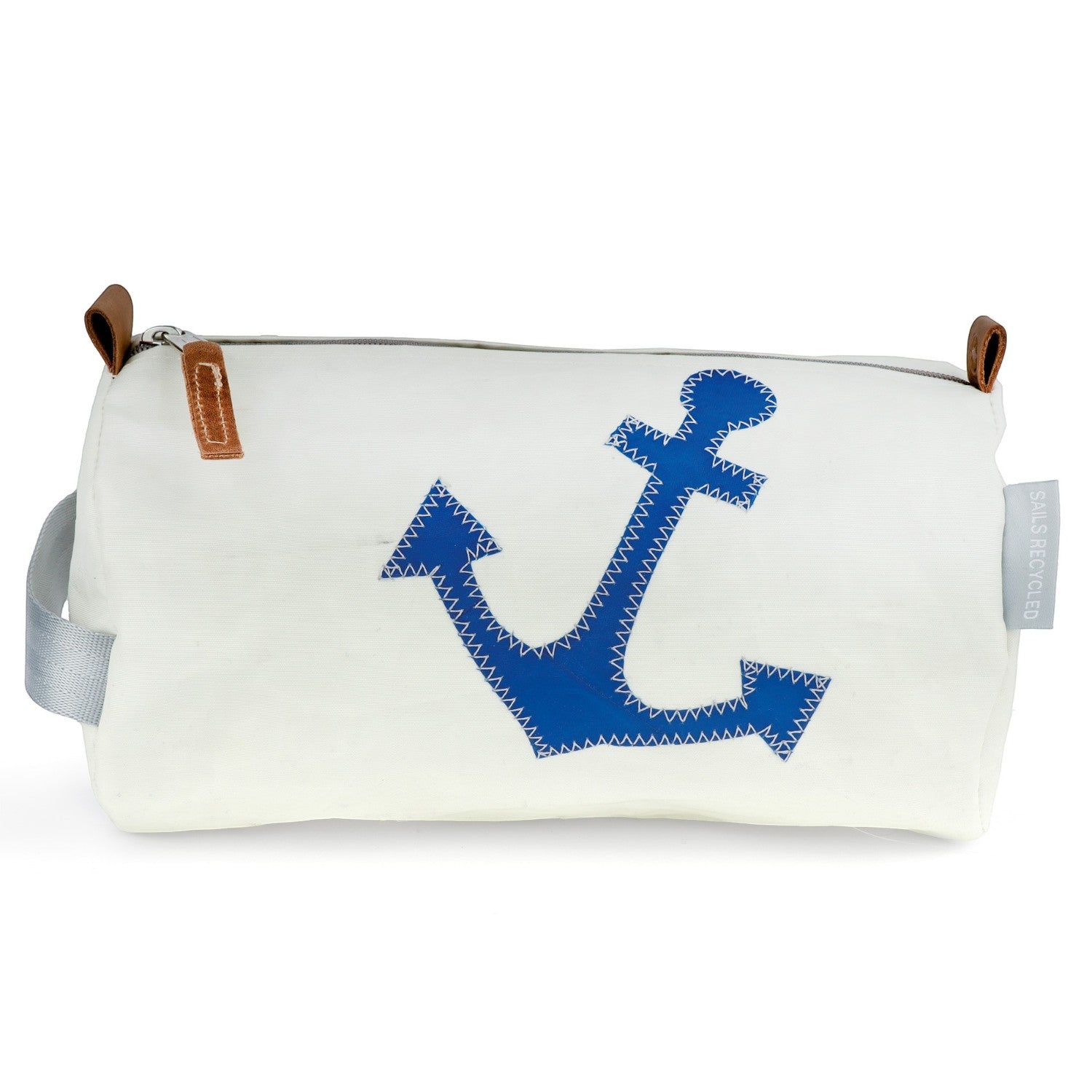 Lieblingstasche Tonne cylindrical toiletry bag made from recycled white sailcloth with a blue anchor applique