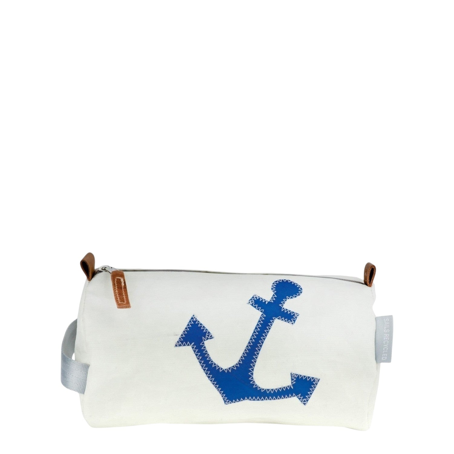 Lieblingstasche Tonne cylindrical toiletry bag made from recycled white sailcloth with a blue anchor applique