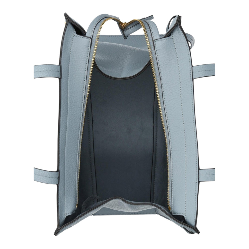 Lieblingstasche Tote L in light blue grained leather with a gold-toned zipper and open top interior view