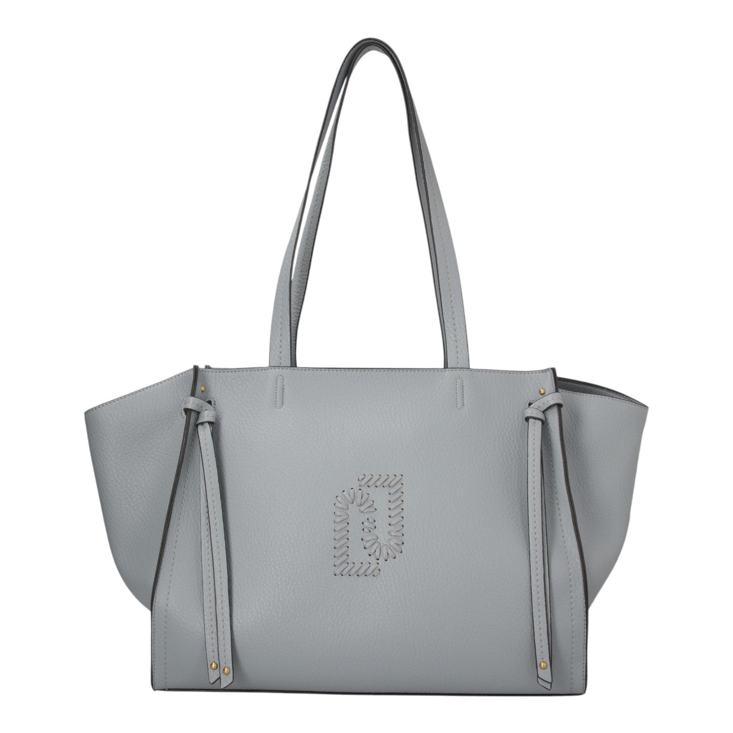 Lieblingstasche Tote L in light grey pebbled faux leather with side tie details and central stitched logo emblem